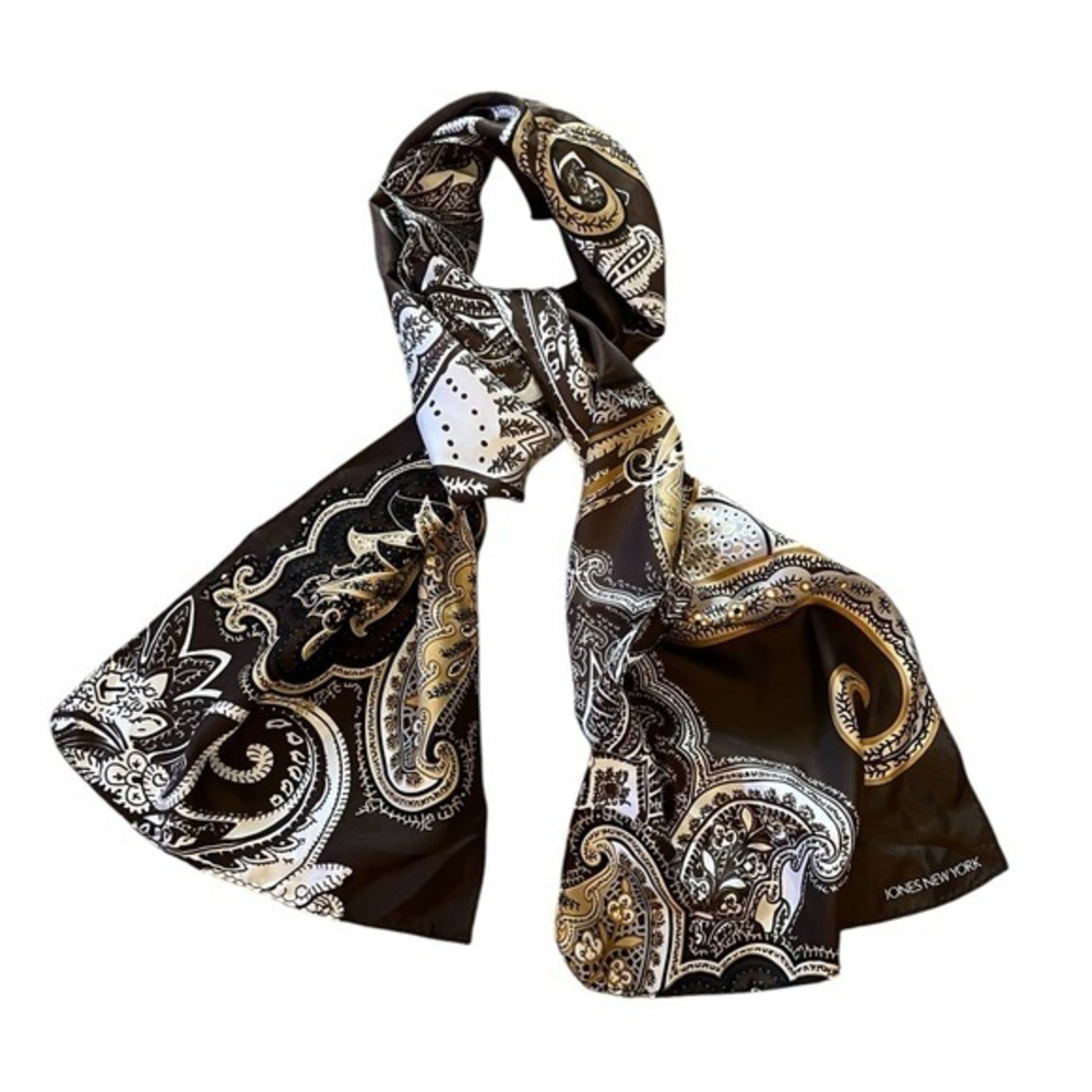 JONES NEW YORK Oblong Silk Scarf, Brown / Gold Bandanna Print
